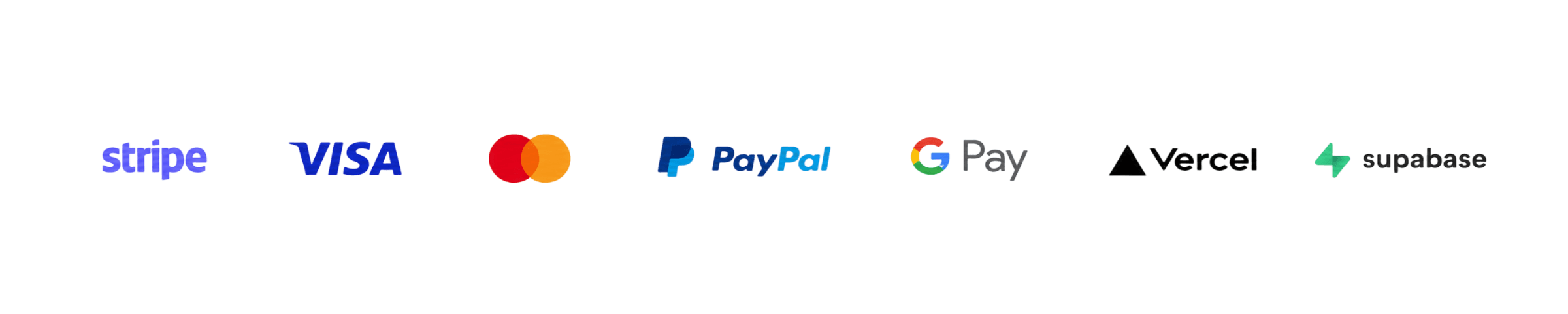 Stripe, Visa, Mastercard, PayPal, Google Pay, Vercel e Supabase
